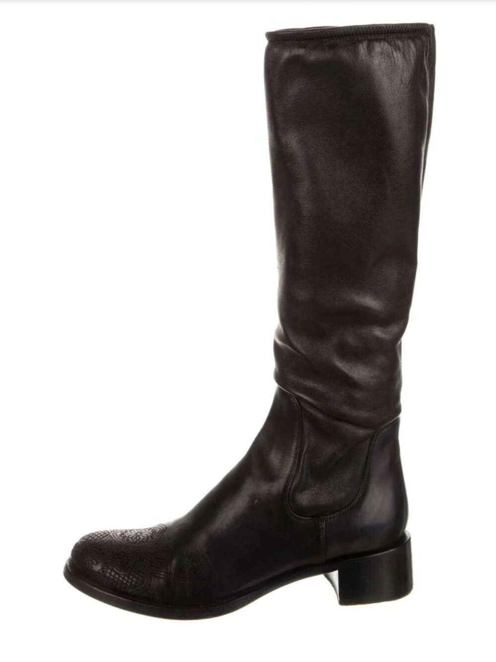 Prada Black Designer Knee High Riding Western Boots Heels Size 7 8 37.5 37 7.5